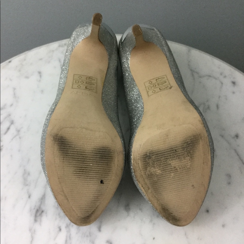 ALDO Raeann Metallic Silver Peeptoe Platform Heels Size 7.5 - Picture 7 of 8